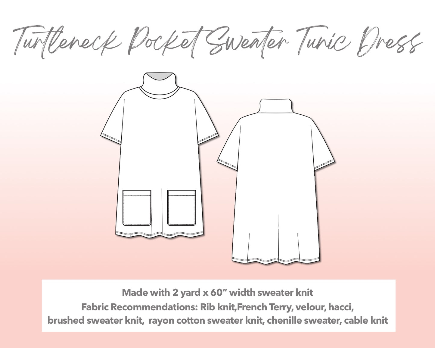 Illustration and detailed description for Plus Size Turtleneck Pocket Sweater Tunic Dress sewing pattern.