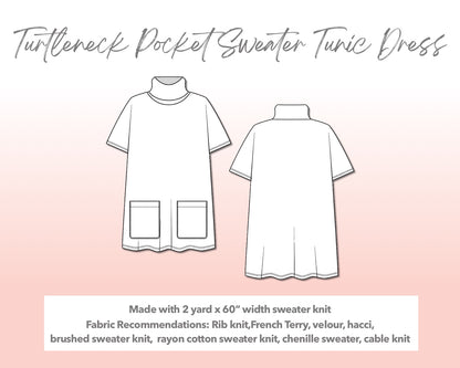 Illustration and detailed description for Plus Size Turtleneck Pocket Sweater Tunic Dress sewing pattern.