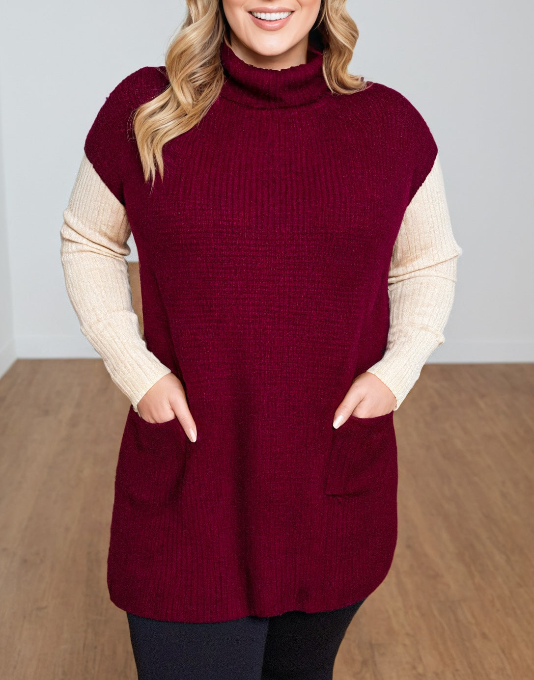 Side view of Plus Size Turtleneck Pocket Sweater Tunic Dress.