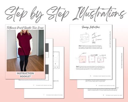 Plus Size Turtleneck Pocket Sweater Tunic Dress sewing pattern step by step illustrations.