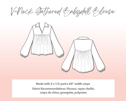 Illustration and detailed description for Plus Size V-Neck Gathered Babydoll Blouse sewing pattern.