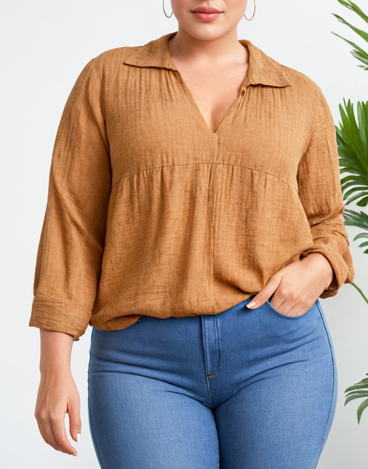 Front view of Plus Size V-Neck Gathered Babydoll Blouse.