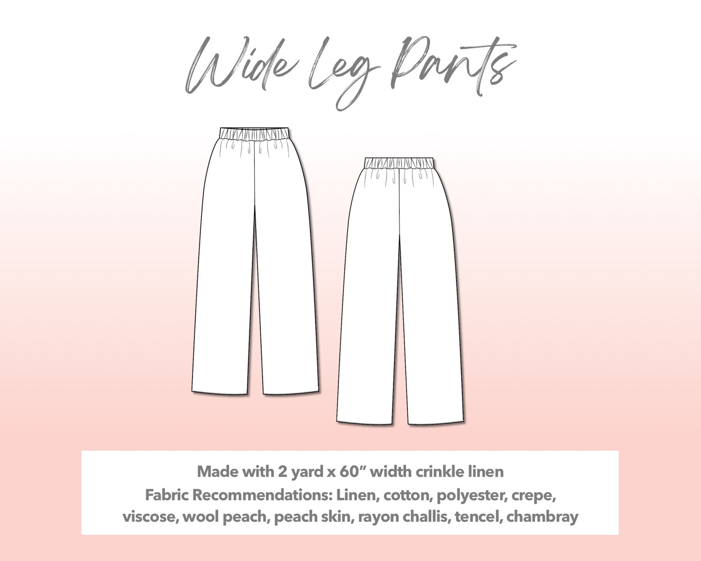 Illustration and detailed description for Plus Size Wide Leg Pants sewing pattern.