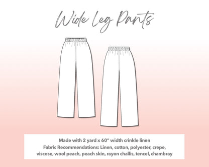 Illustration and detailed description for Plus Size Wide Leg Pants sewing pattern.