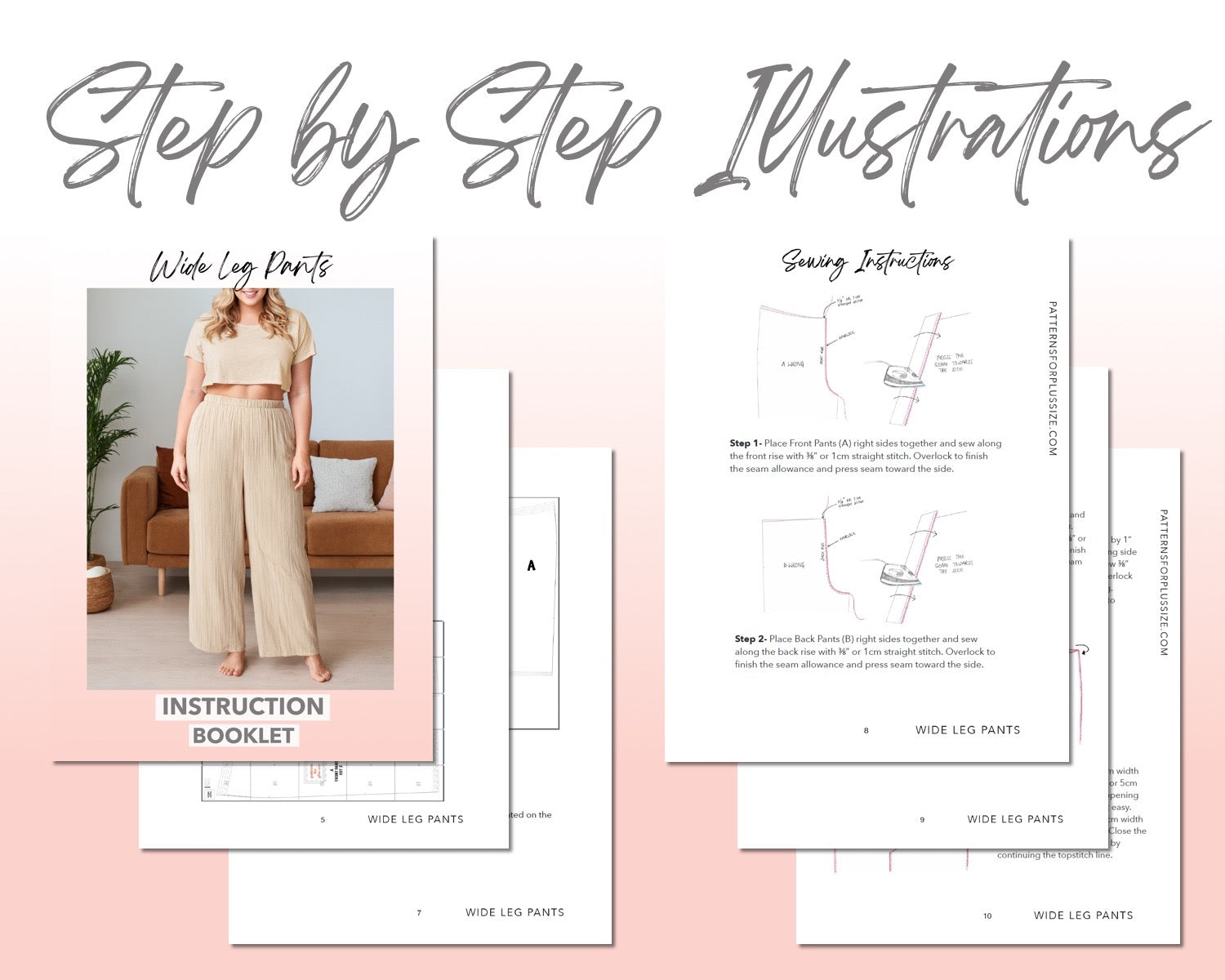 Plus Size Wide Leg Pants sewing pattern step by step illustrations.