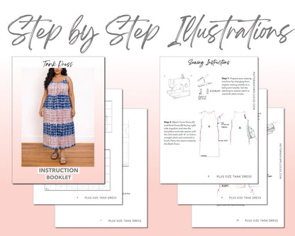 Plus Size Tank Dress sewing pattern instruction booklet showing step by step illustrations to make the garment.