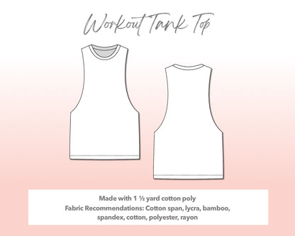 Illustration and detailed description for Plus Size Workout Tank Top sewing pattern.