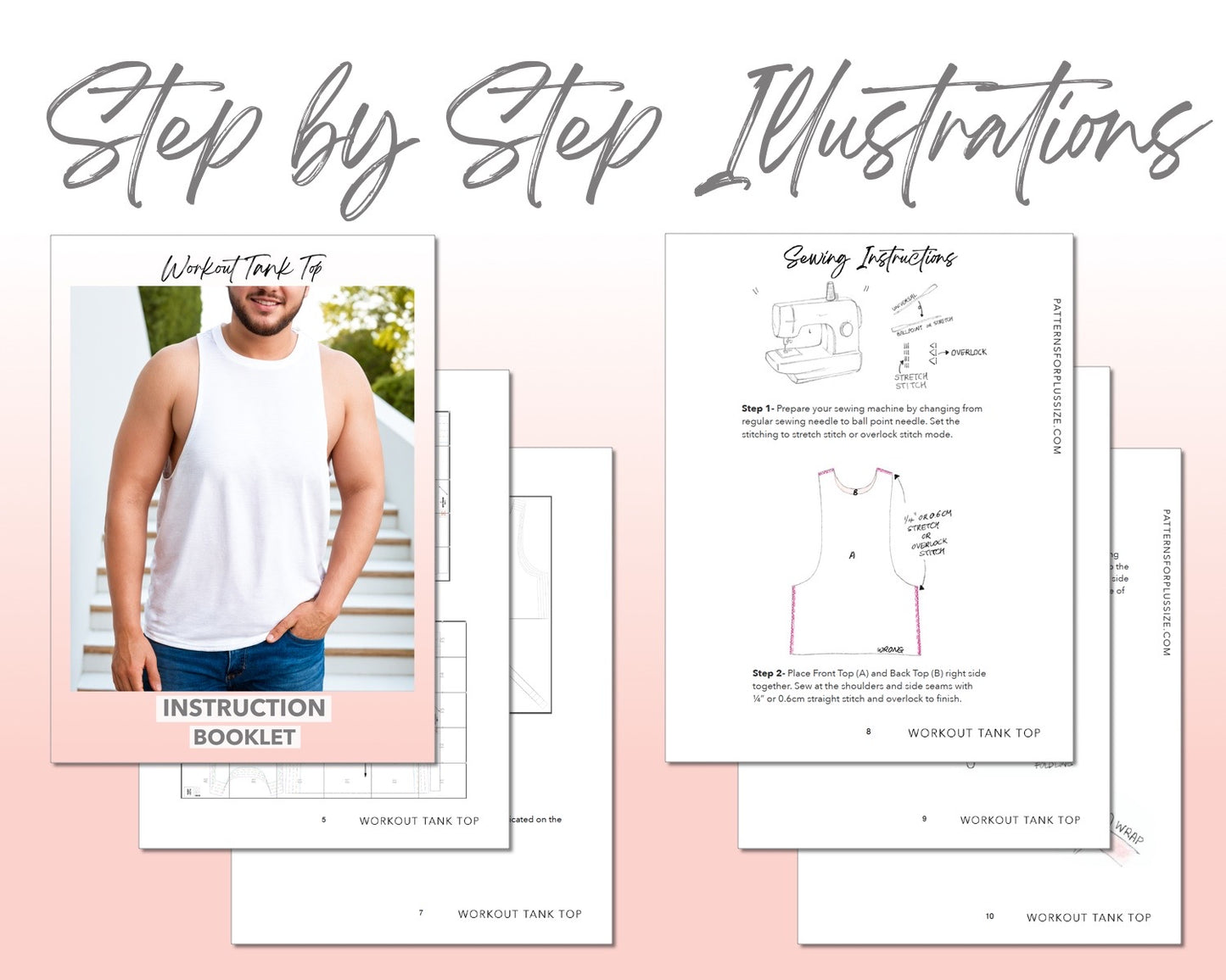 Plus Size Workout Tank Top sewing pattern step by step illustrations.