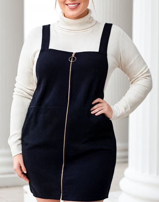 Front view of Plus Size Zip Front Pocket Mini Overall Dress.