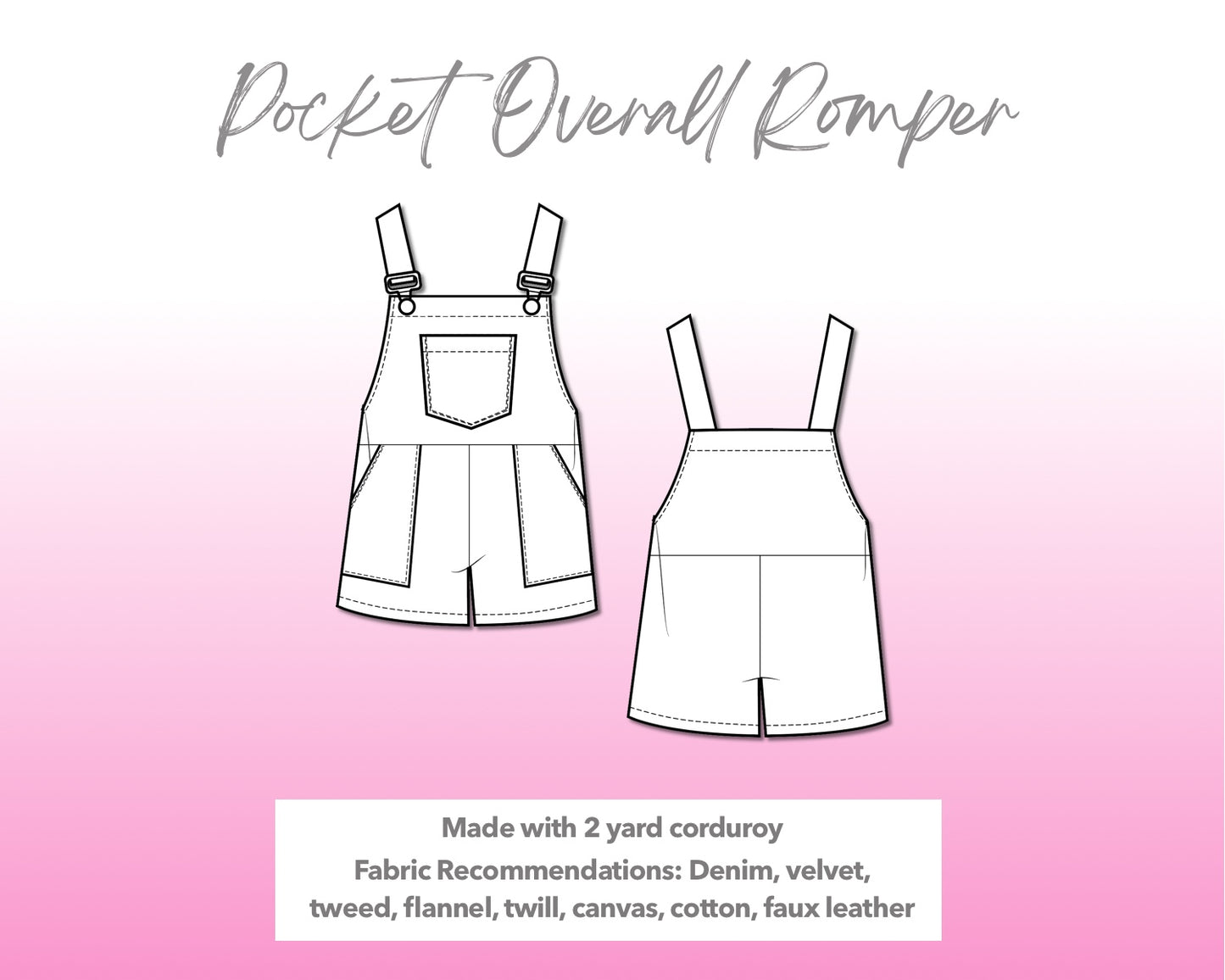 Illustration and detailed description for Pocket Overall Romper sewing pattern.