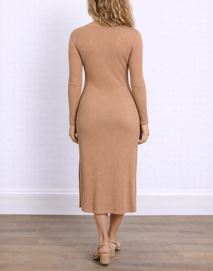 Back view of woman wearing a brown ribbed Polo Neck Knit Dress against a neutral background.