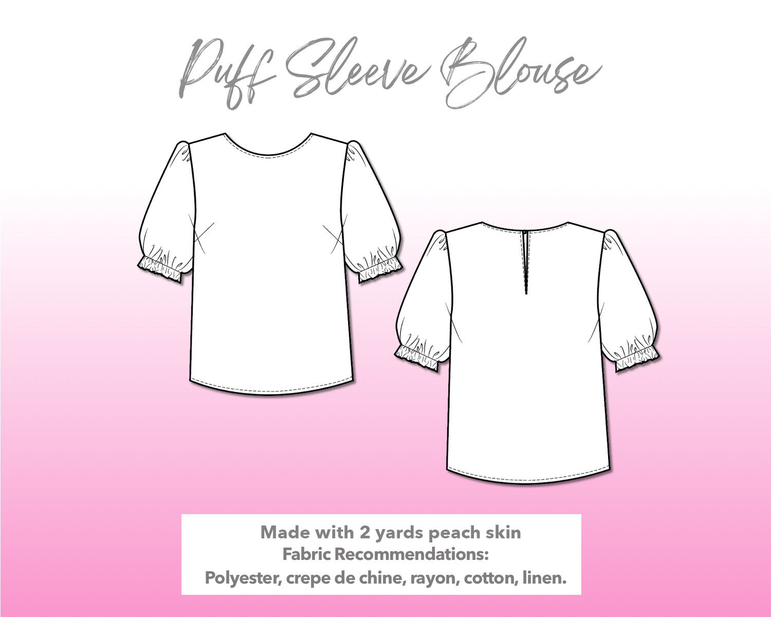 Illustration and detailed description for Puff Sleeve Blouse sewing pattern.