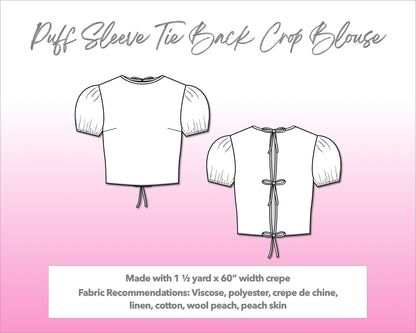 Illustration and detailed description for Puff Sleeve Tie Back Crop Blouse sewing pattern.