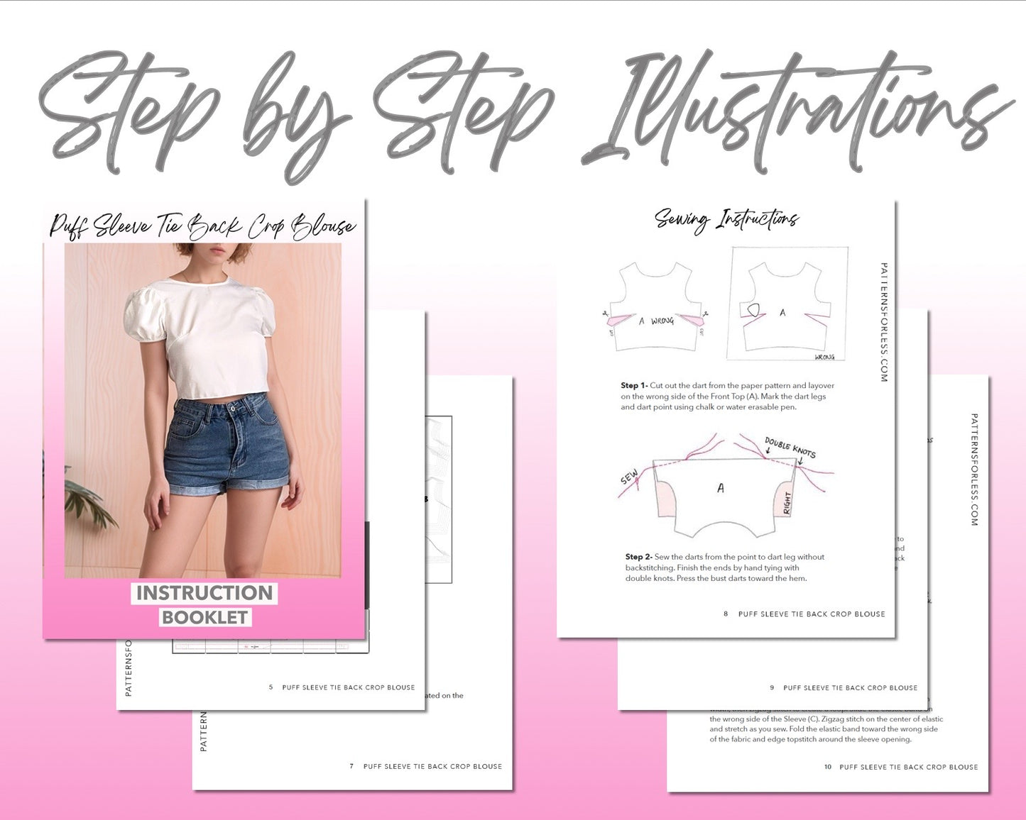 Puff Sleeve Tie Back Crop Blouse sewing pattern step by step illustrations.