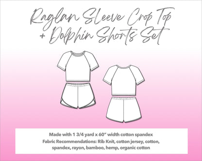 Illustration and detailed description for Raglan Sleeve Crop Top and Dolphin Shorts sewing pattern.
