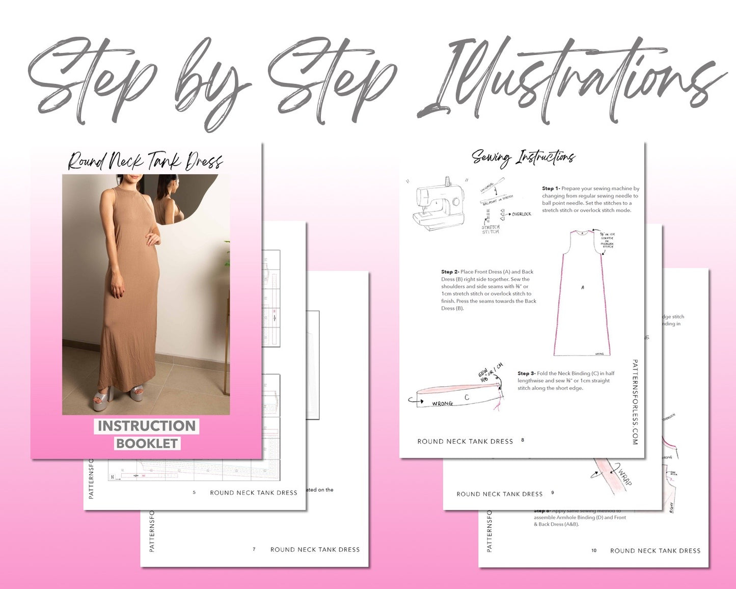 Round Neck Tank Dress sewing pattern step by step illustrations.