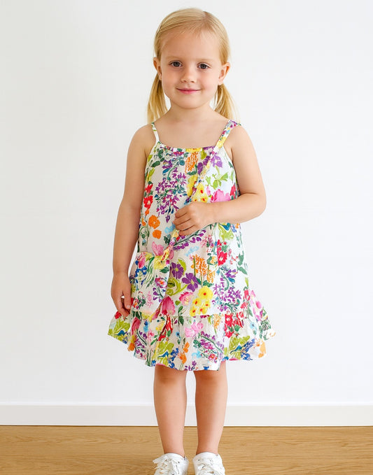 Young girl wearing a colorful floral Ruffle Hem Cami Dress and matching Purse against a white background