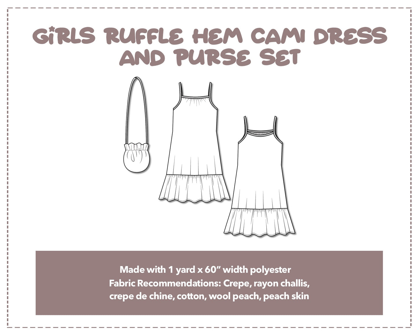 Illustration and detailed description for Girls Ruffle Hem Cami Dress and Purse Set sewing pattern.