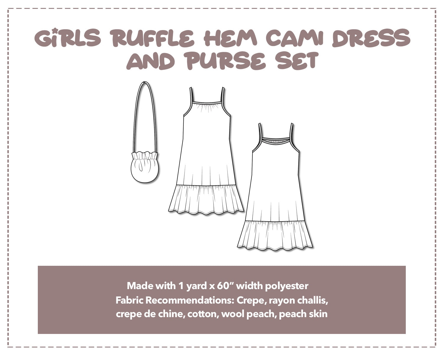 Illustration and detailed description for Girls Ruffle Hem Cami Dress and Purse Set sewing pattern.