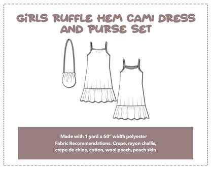 Illustration and detailed description for Girls Ruffle Hem Cami Dress and Purse Set sewing pattern.