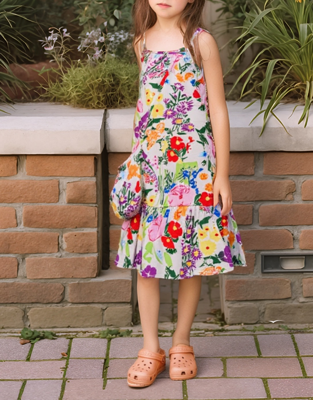 Side view of Girls Ruffle Hem Cami Dress and Purse Set.