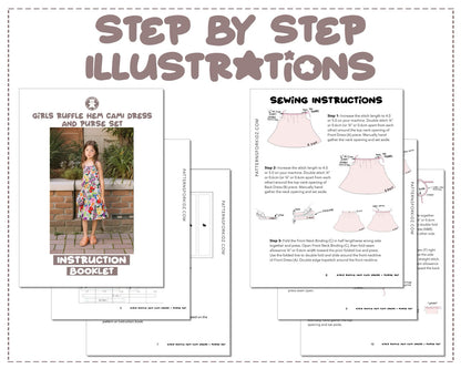 Girls Ruffle Hem Cami Dress and Purse Set sewing pattern step by step illustrations.