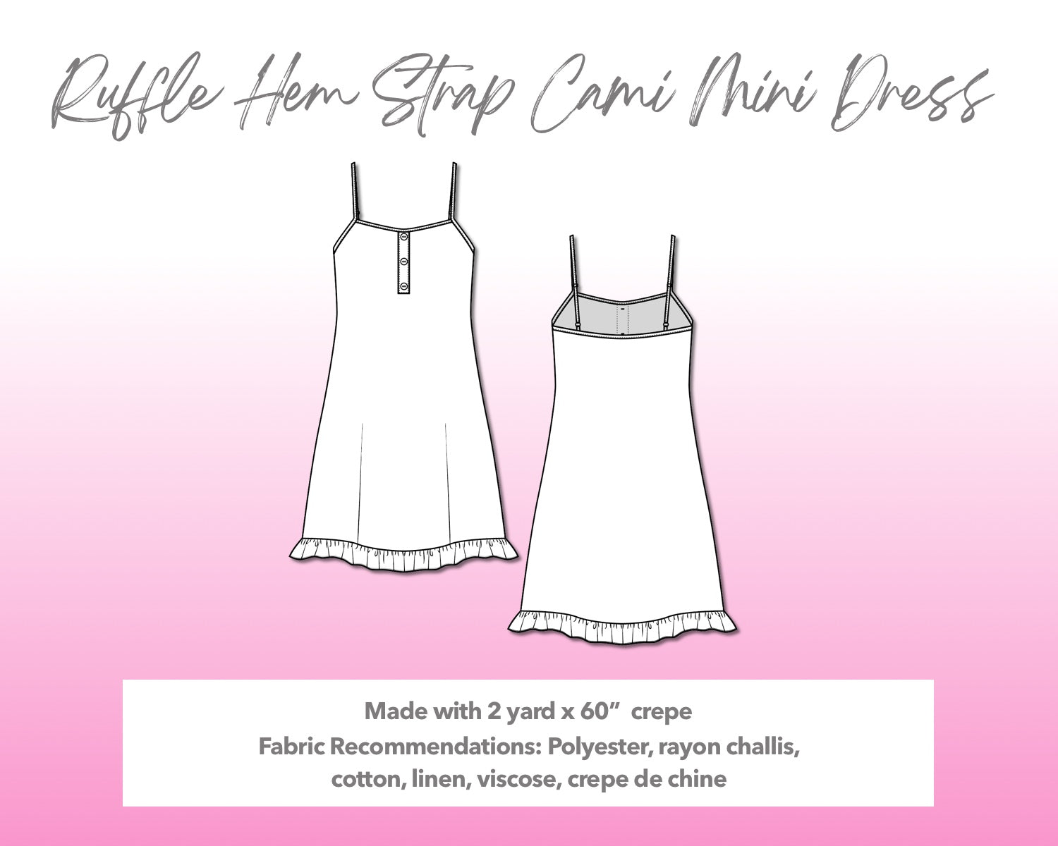 Illustration and detailed description for Ruffle Hem Strap Cami Mini Dress sewing pattern.