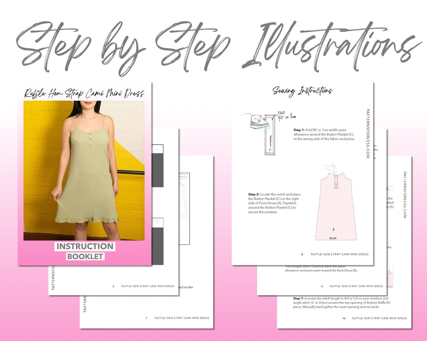 Ruffle Hem Strap Cami Mini Dress sewing pattern step by step illustrations.