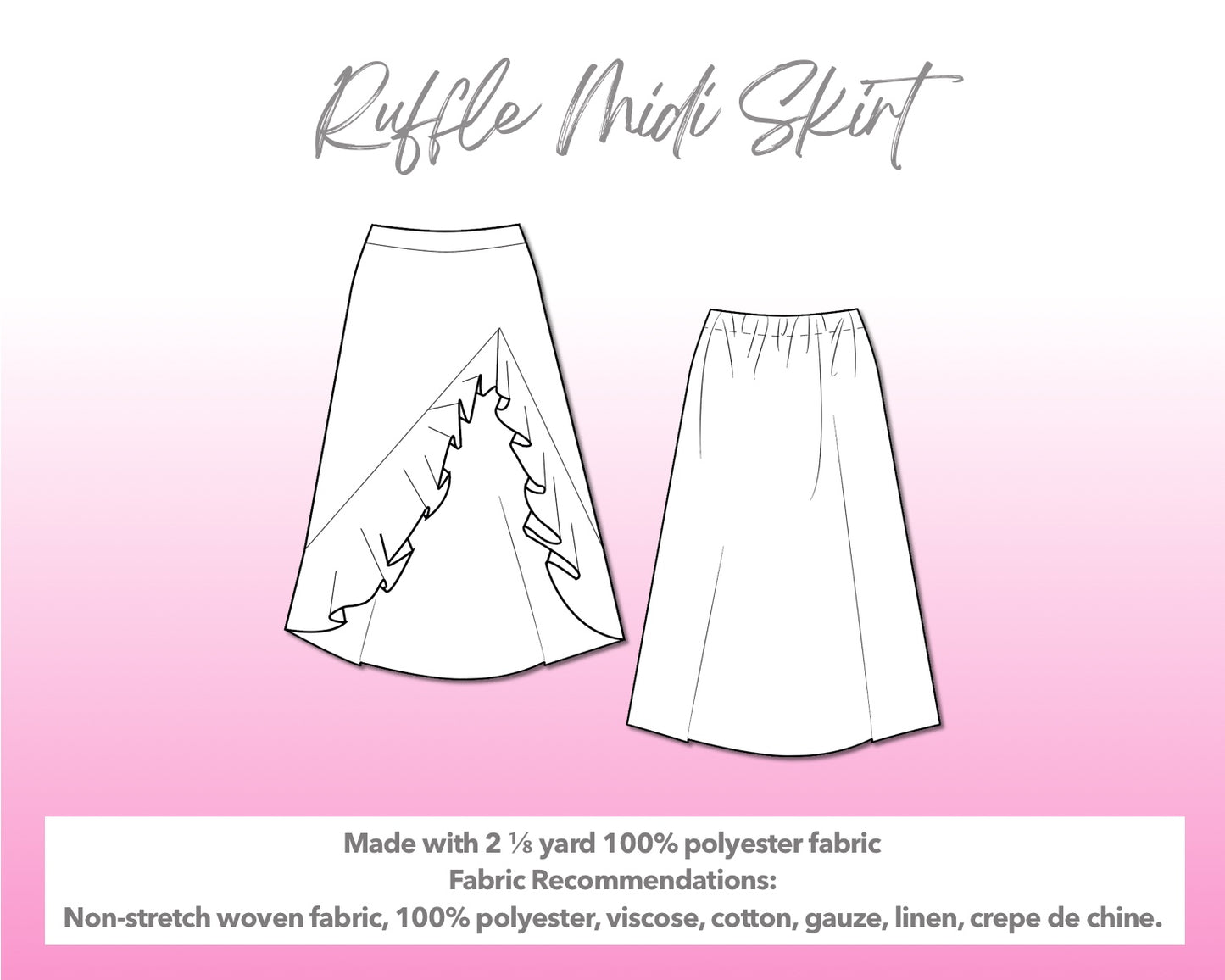 Illustration and detailed description for Ruffle Midi Skirt sewing pattern.