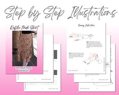 Ruffle Midi Skirt sewing pattern step by step illustrations.