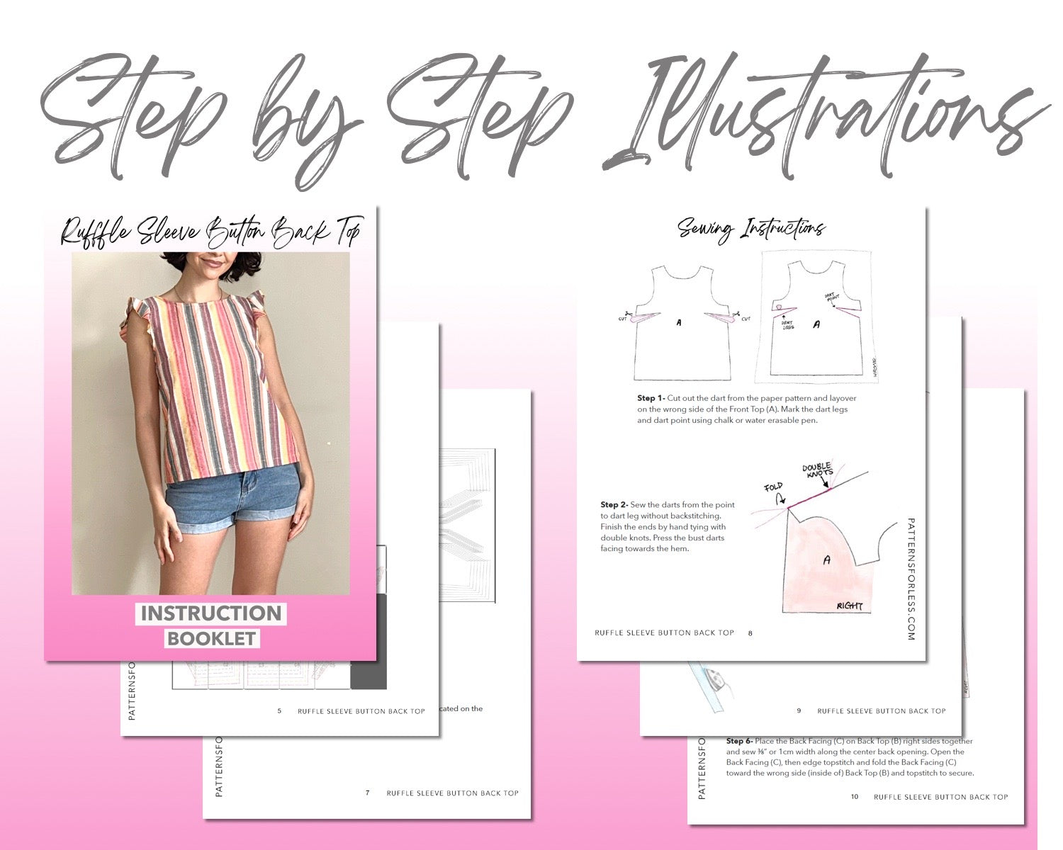 Ruffle Sleeve Button Back Top sewing pattern step by step illustrations.