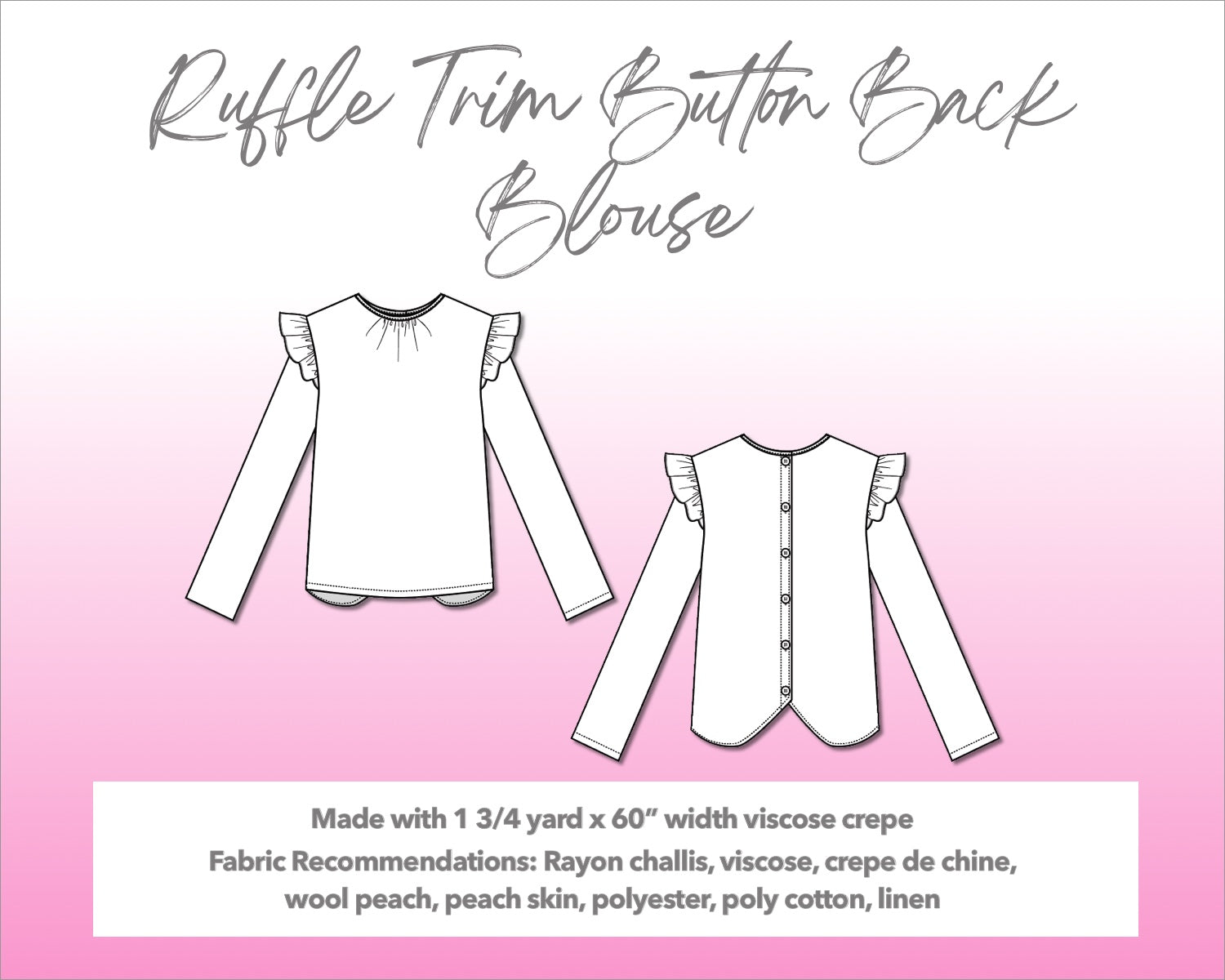Illustration and detailed description for Ruffle Trim Button Back Blouse sewing pattern.