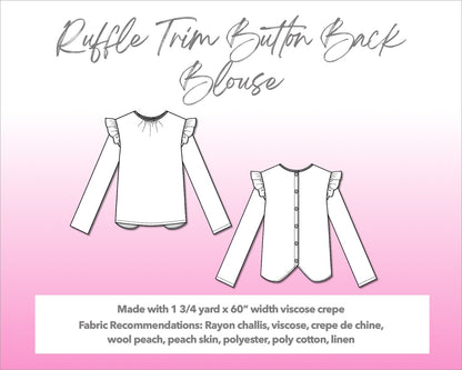 Illustration and detailed description for Ruffle Trim Button Back Blouse sewing pattern.