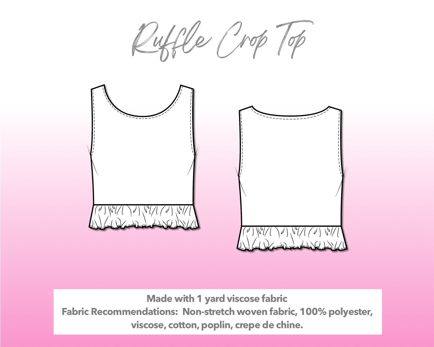 Illustration and detailed description for Ruffled Hem Crop Sleeveless Top sewing pattern.