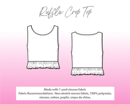 Illustration and detailed description for Ruffled Hem Crop Sleeveless Top sewing pattern.