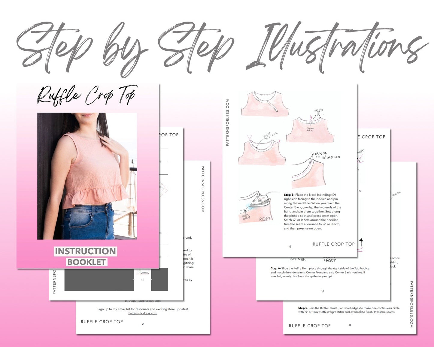 Ruffled Hem Crop Sleeveless Top sewing pattern step by step illustrations.