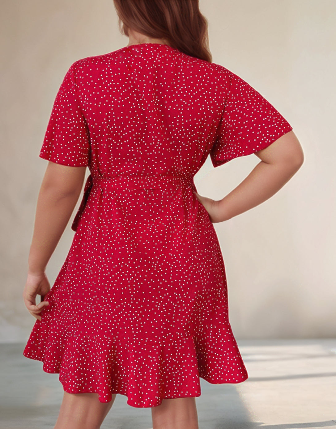 Back view of Ruffle Hem Wrap Mini Dress.