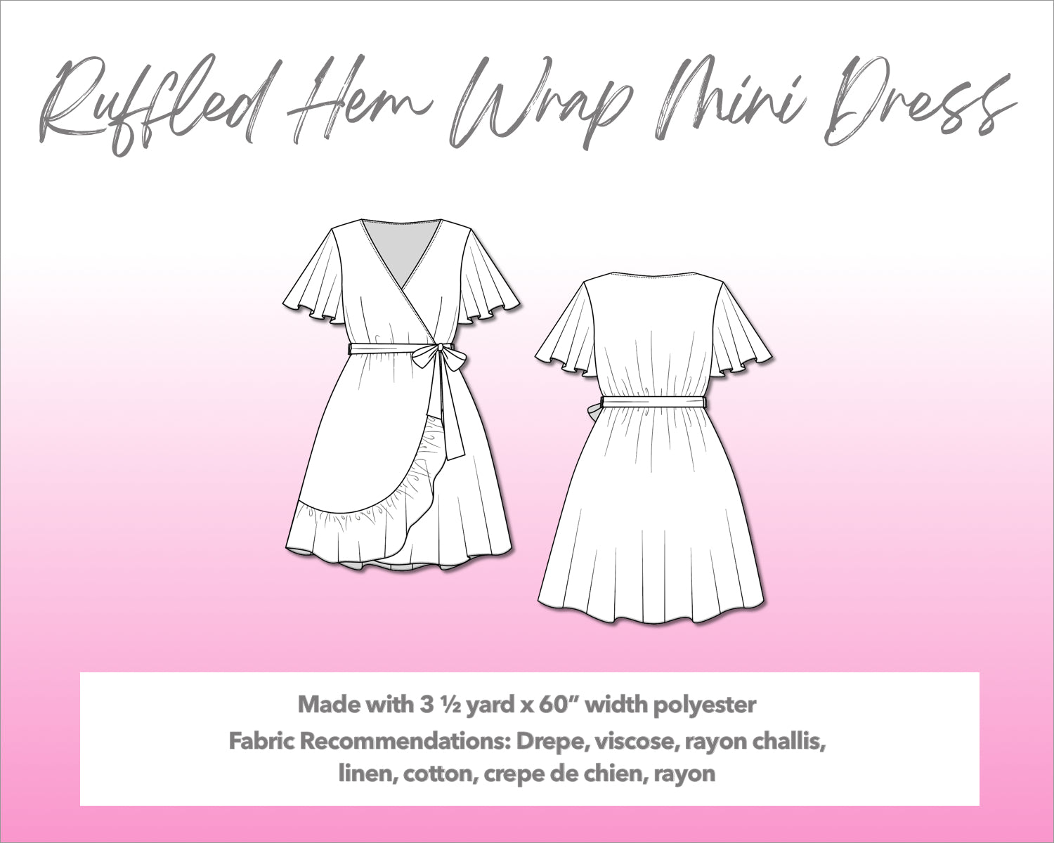 Illustration and detailed description for Ruffle Hem Wrap Mini Dress sewing pattern.