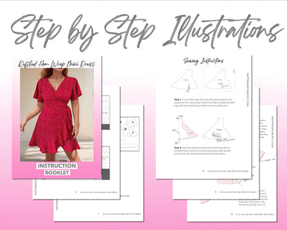 Ruffle Hem Wrap Mini Dress sewing pattern step by step illustrations.