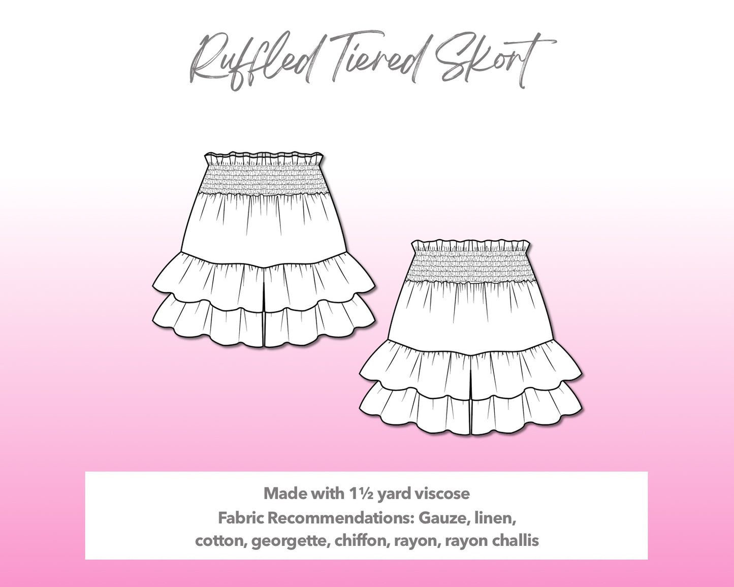 Illustration and detailed description for Ruffled Tiered Skort sewing pattern.