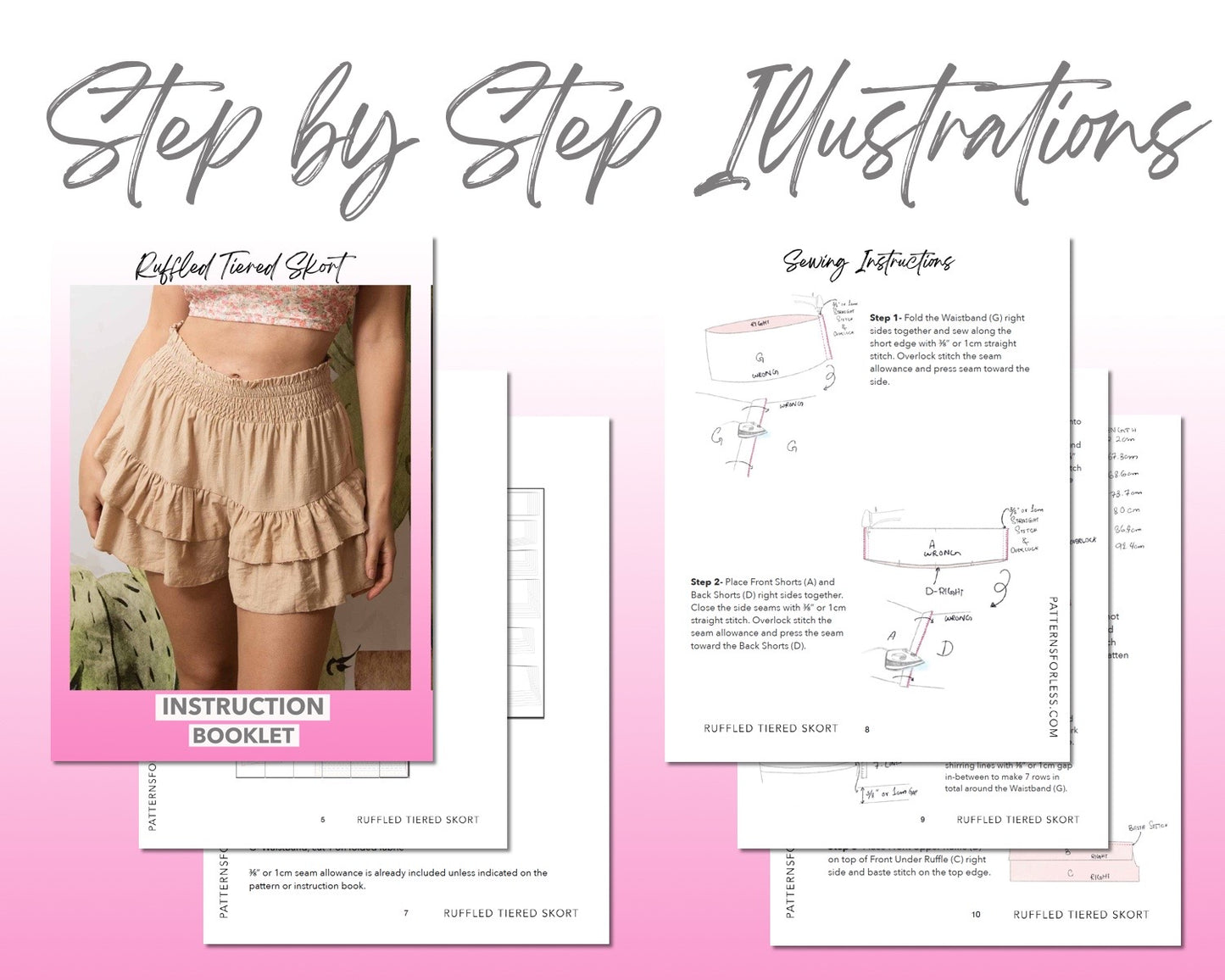 Ruffled Tiered Skort sewing pattern step by step illustrations.