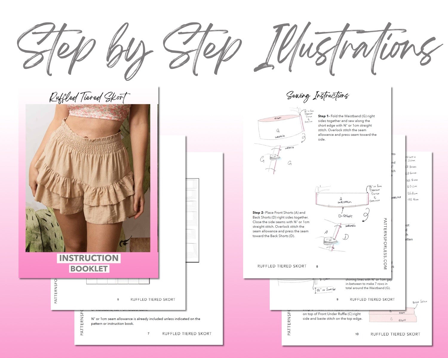 Ruffled Tiered Skort sewing pattern step by step illustrations.