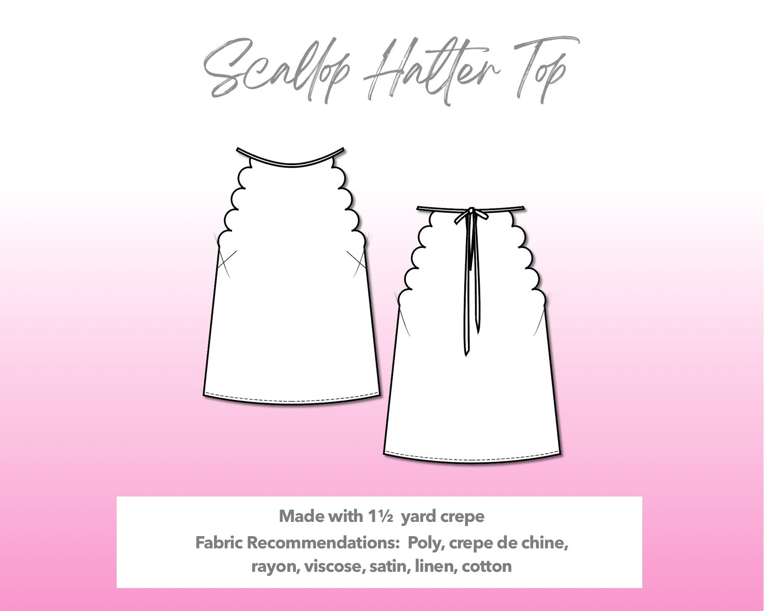 Illustration and detailed description for Scallop Halter Top sewing pattern.