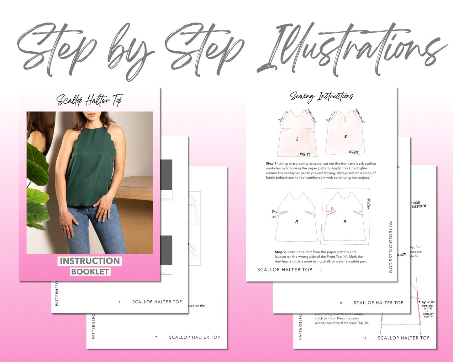 Scallop Halter Top sewing pattern step by step illustrations.