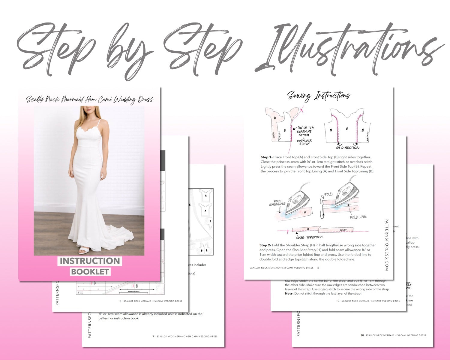 Scallop Neck Mermaid Hem Cami Wedding Dress Sewing Pattern Patterns For Less Scallop Neck Mermaid Hem Cami Wedding Dress Sewing Pattern Patterns For Less