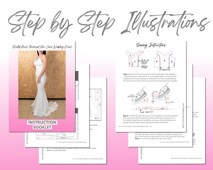 Scallop Neck Mermaid Hem Cami Wedding Dress sewing pattern step by step illustrations.