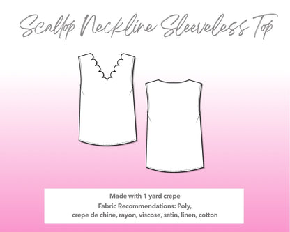 Illustration and detailed description for Scallop Neckline Sleeveless Top sewing pattern.
