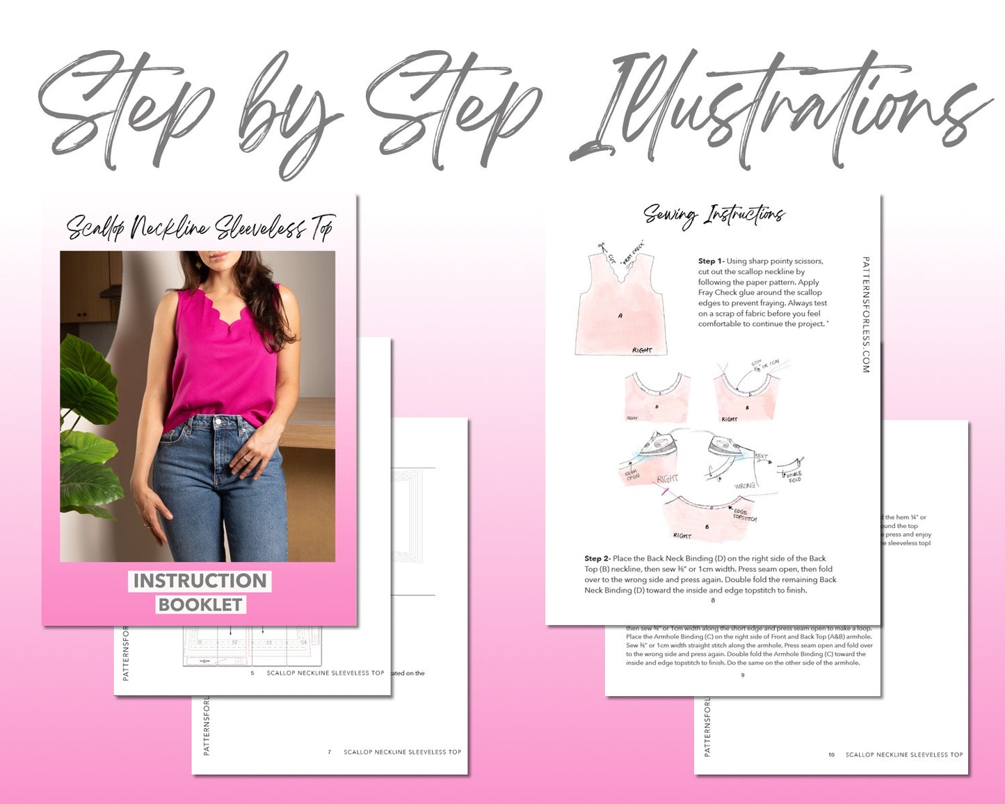 Scallop Neckline Sleeveless Top sewing pattern step by step illustrations.
