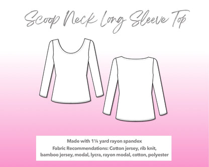 Illustration and detailed description for Scoop Neck Long Sleeve Top sewing pattern.