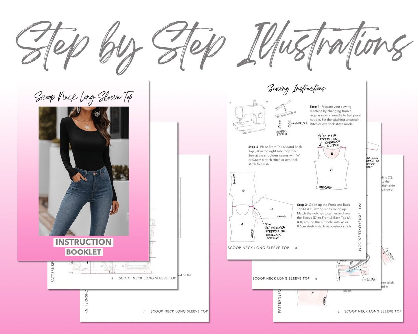 Scoop Neck Long Sleeve Top sewing pattern step by step illustrations.